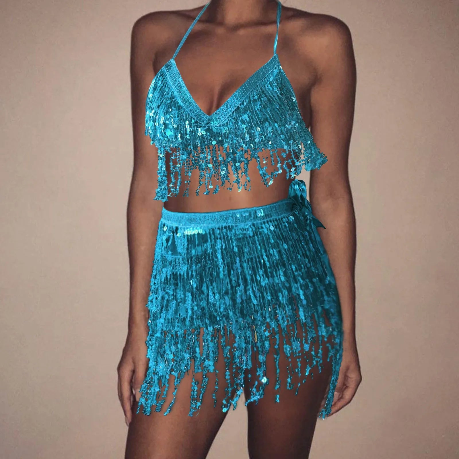 Sparkling Sequin Belly Costume Tassel Wrap Mini Skirt Club And Vest Set Club Party Shiny Dance Costume TwoPiece Women Clothing Dress