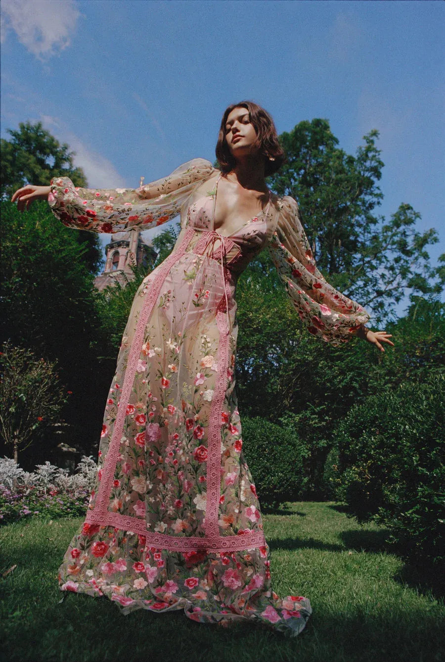 Women Backless Seethrough VNeck Long Sleeve Floral Dress