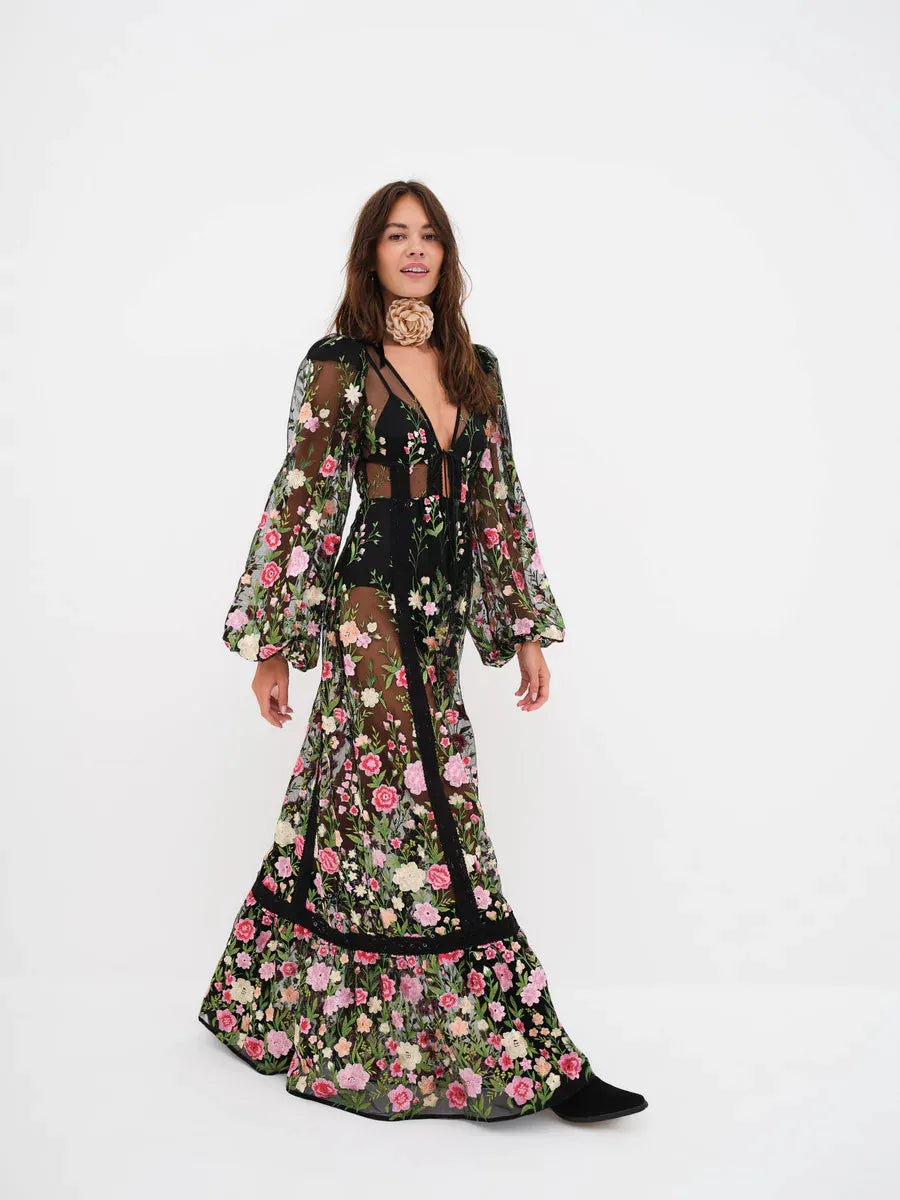 Women Backless Seethrough VNeck Long Sleeve Floral Dress