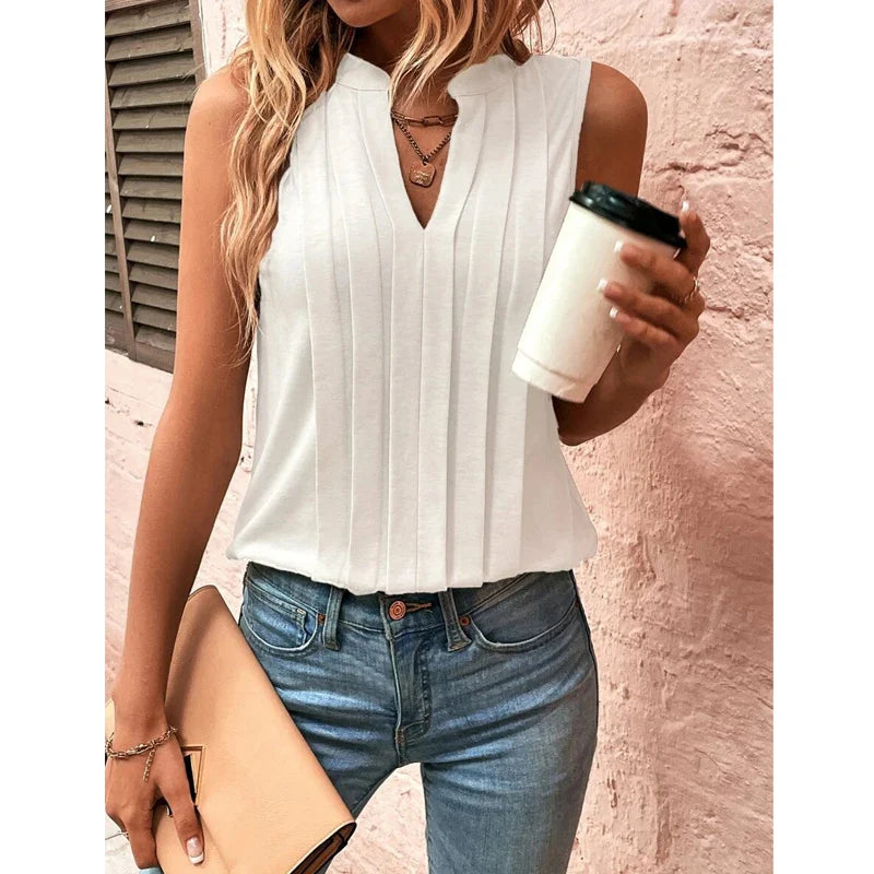2024 Elegant Ruffled Sleeveless VNeck Tank Top