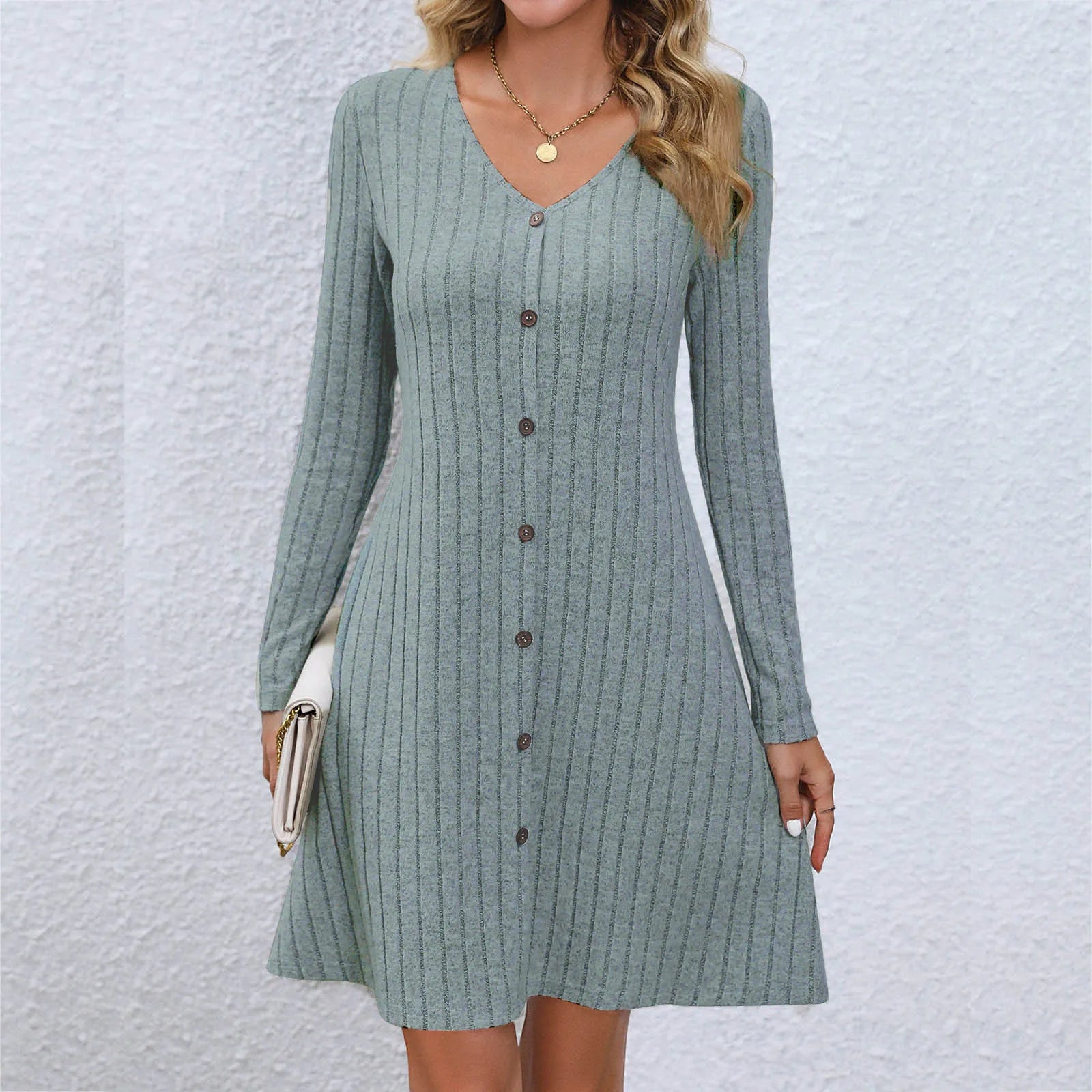 Chic VNeck Buttoned Waist Long Sleeve Solid Color Midi Dress