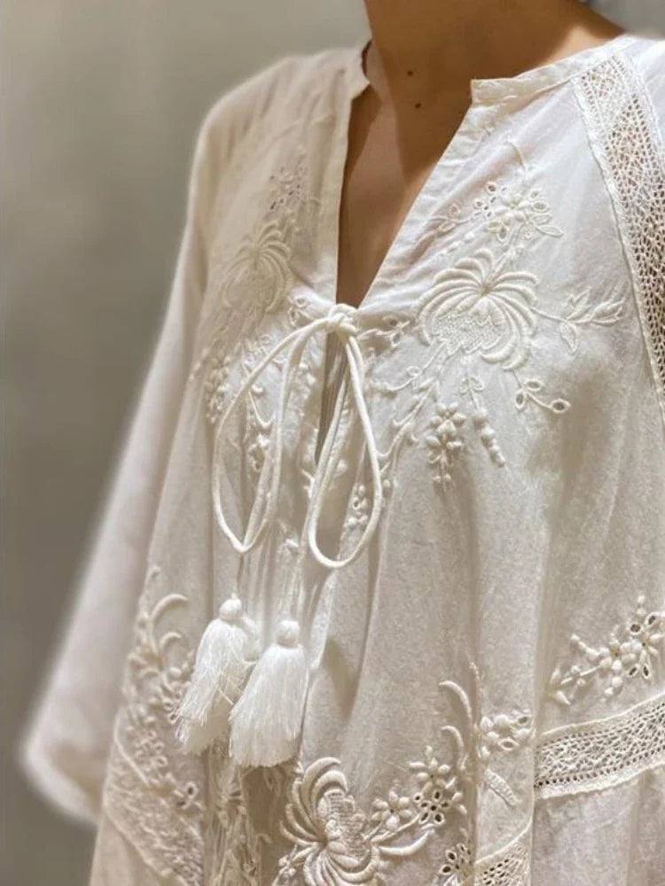 Elegant Embroidered White Lace VNeck Boho Dress