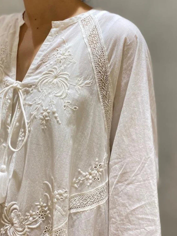 Elegant Embroidered White Lace VNeck Boho Dress