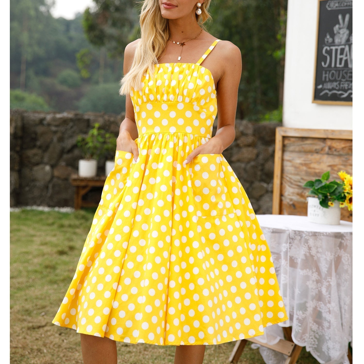 Womens 1950s Retro Rockabilly Princess Cosplay Dress with pockets polka dot apron 50's 60's Party Costume Gown(S 2XL)