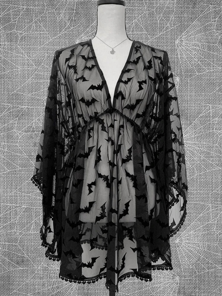 Grunge Aesthetic See Through Black Goth Lace EGirls Chiffon Graphic Bat Night Club Dress