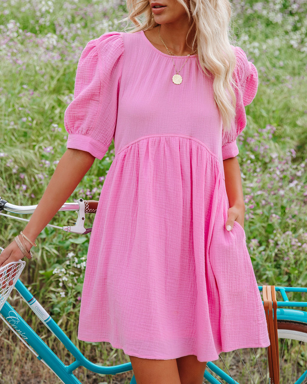 Amber Cotton Pocketed Puff Sleeve Dress Cool Pink