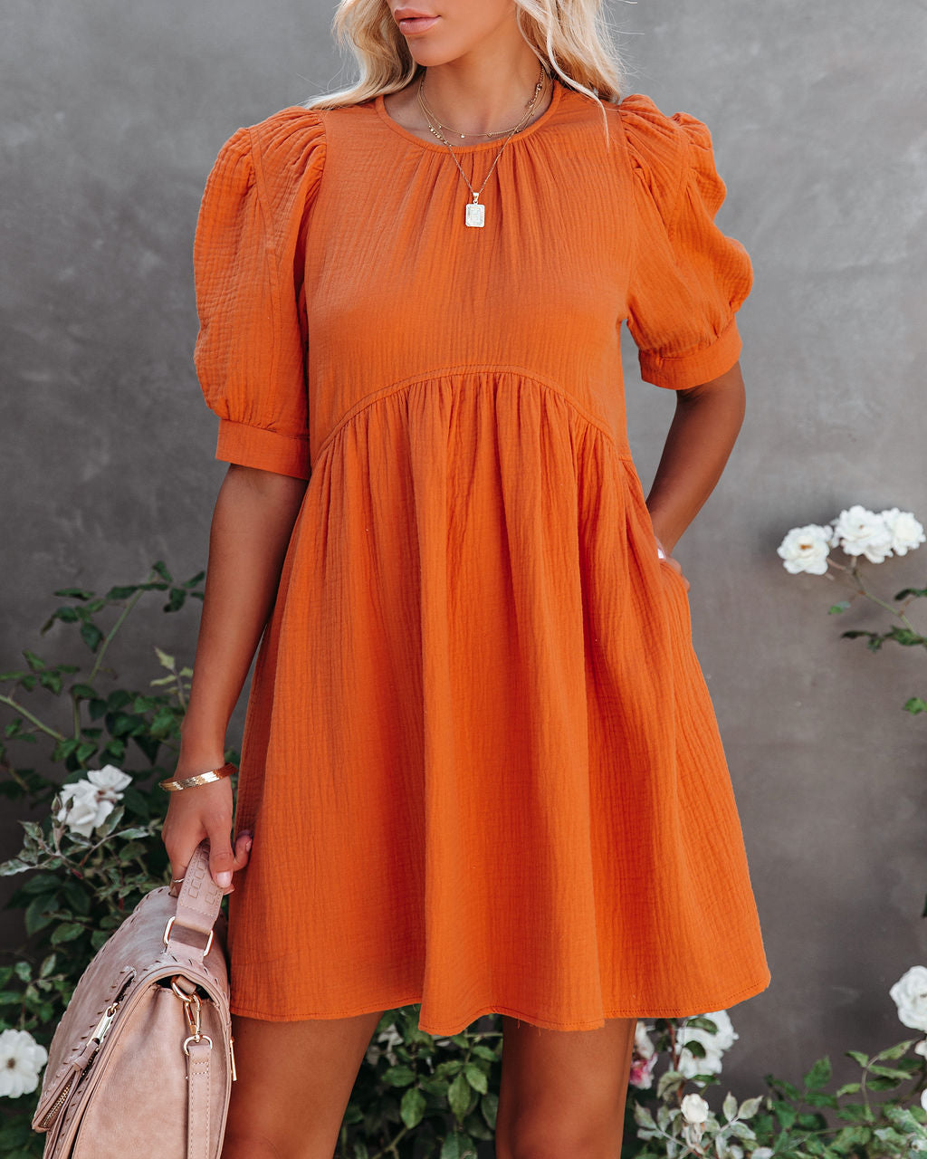 Amber Cotton Pocketed Puff Sleeve Dress Orange