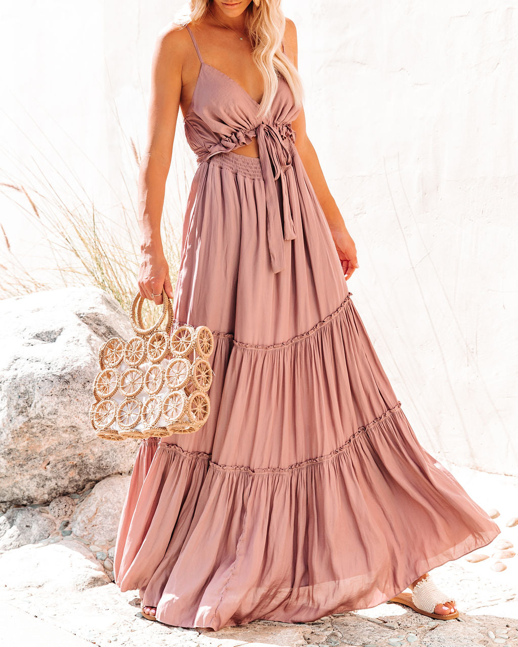 April Rain Pocketed Cutout Maxi Dress Dusty Mauve