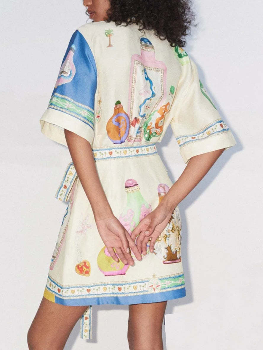 Unique Exquisite Oil Painting Print Lace Up Cardigan Mini Dress