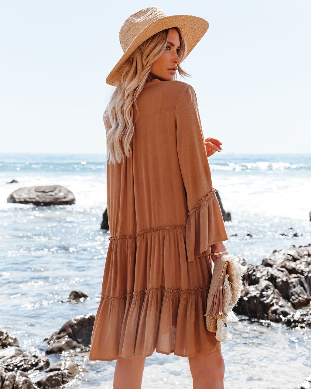 Barefoot On The Beach Pocketed Tiered Tunic Caramel