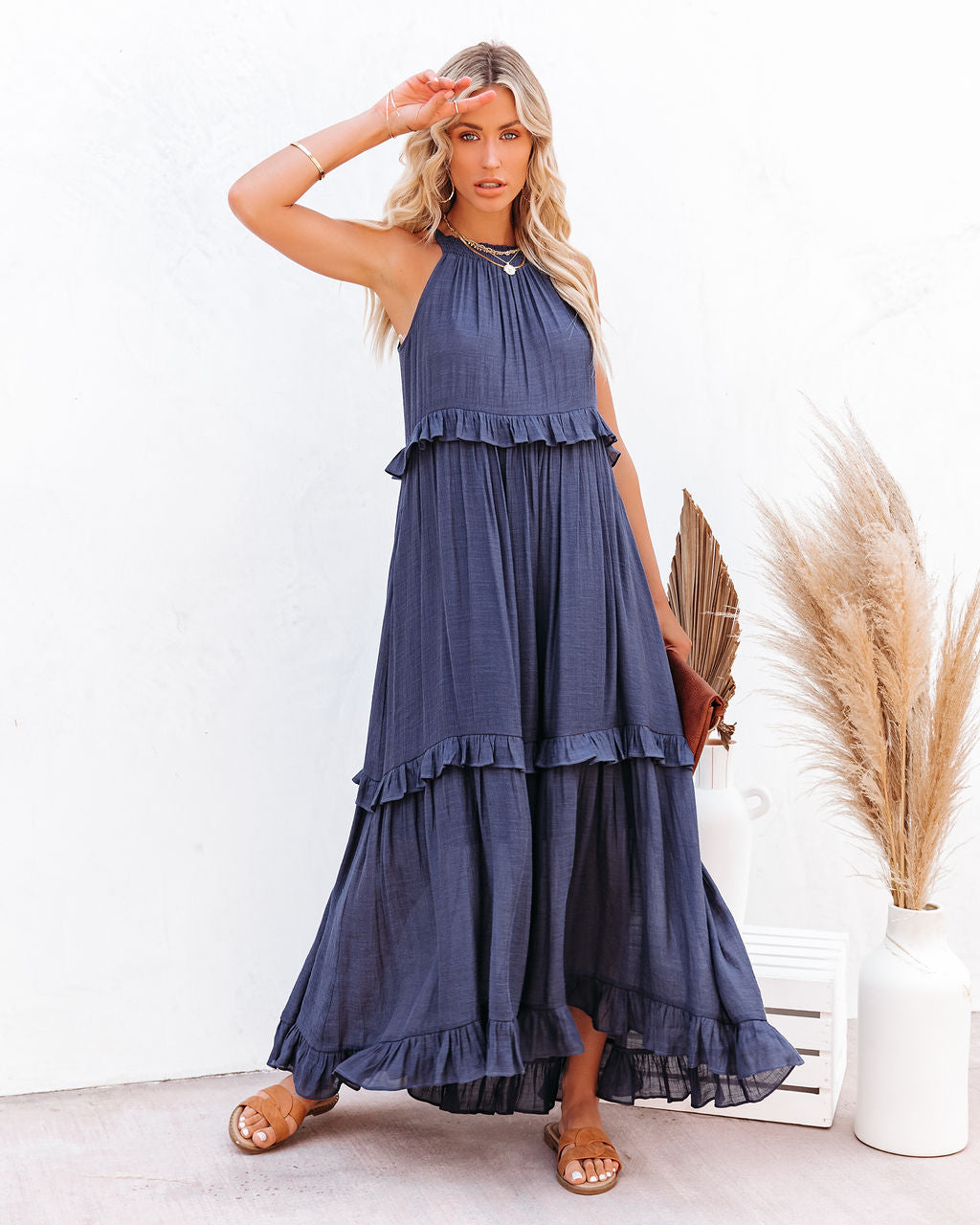 Brave Soul Pocketed Halter Maxi Dress Navy