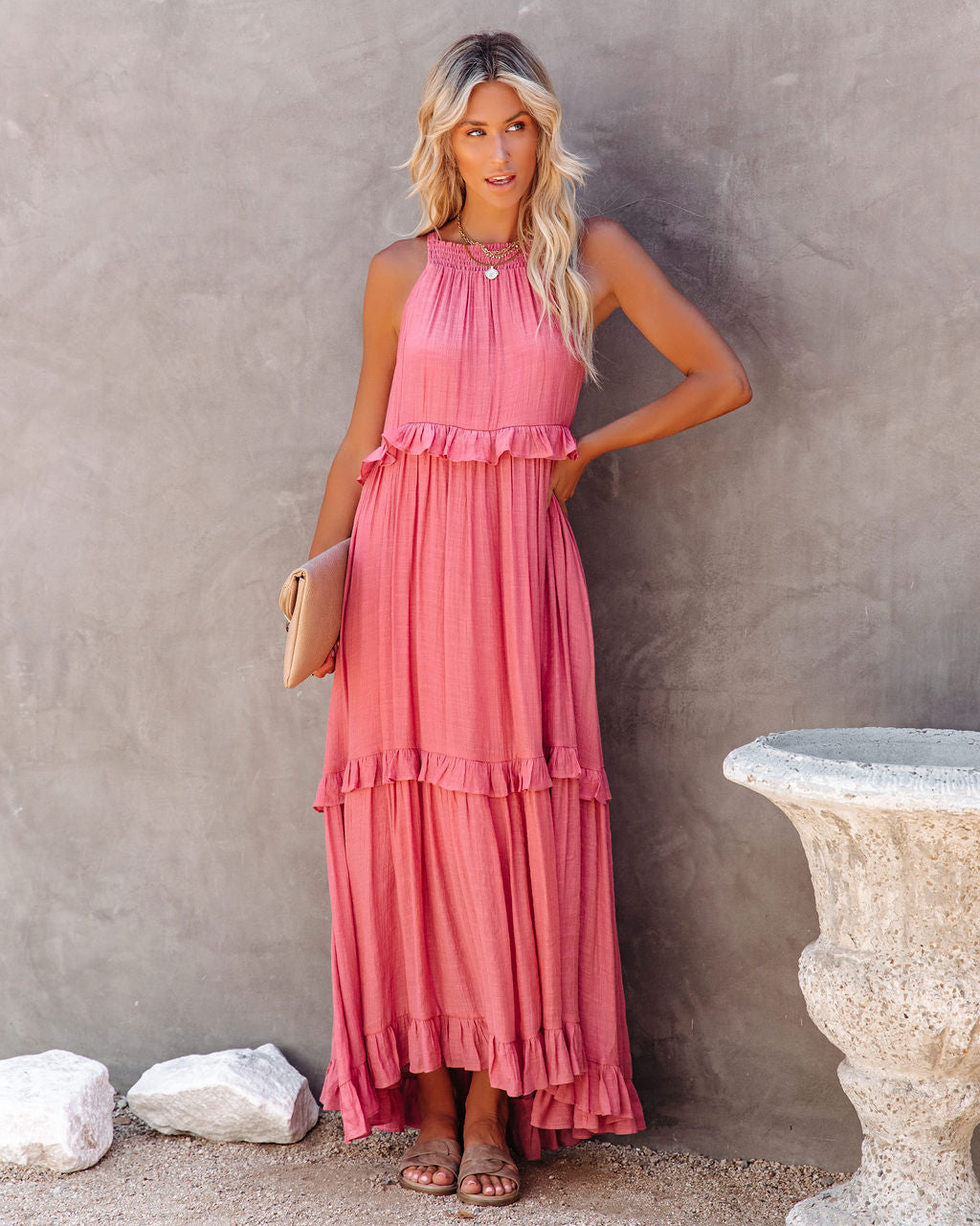 Brave Soul Pocketed Halter Maxi Dress Rosewood