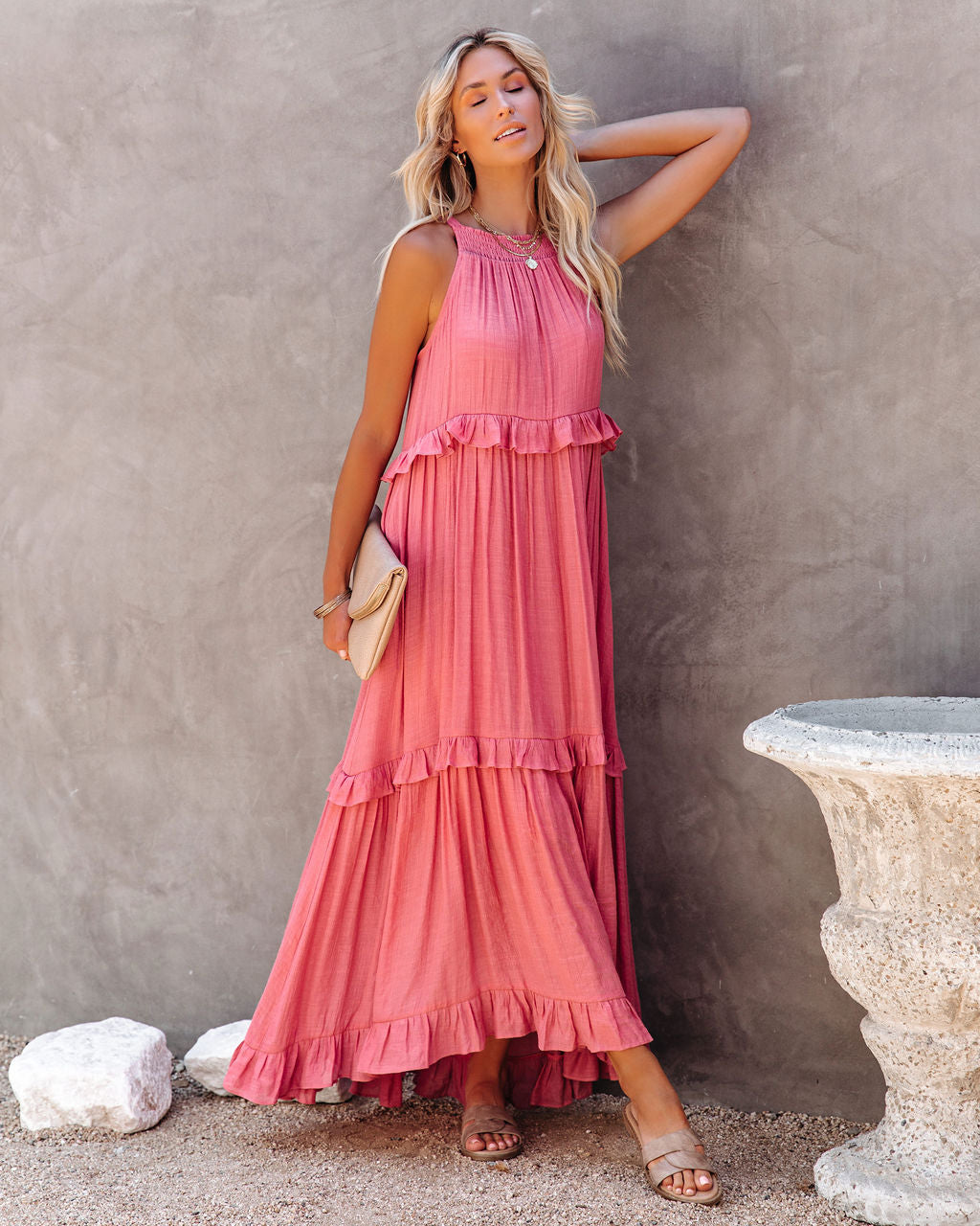 Brave Soul Pocketed Halter Maxi Dress Rosewood