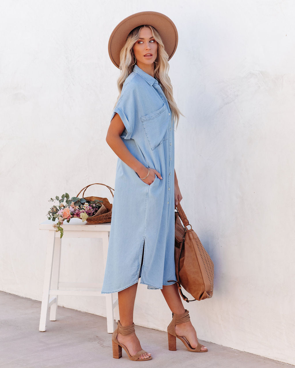 Briley Pocketed Tencel Button Down Midi Dress Chambray