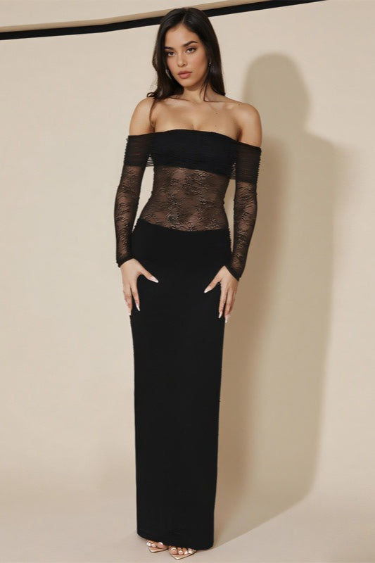 Sheer Mesh Off Shoulder Maxi Dress