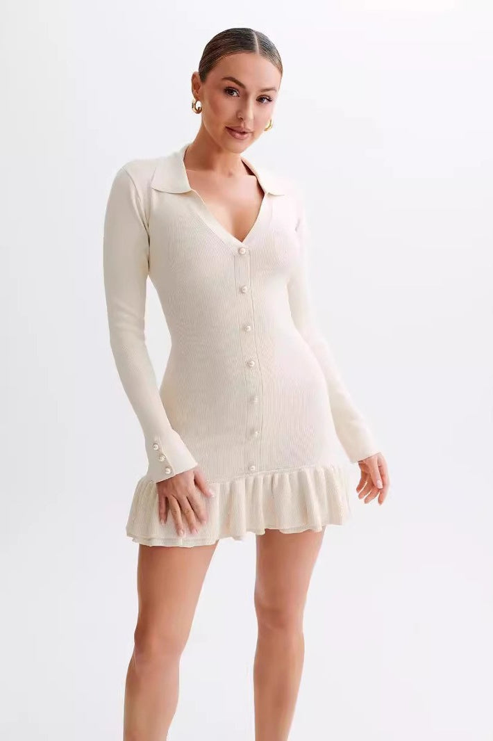 Bow Tie Ruffled Knit Pearl Midi Dress