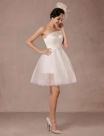 One Shoulder Above Knee Length Wedding Gown Bow Satin Court Train Sleeves White Bridal Princess Gown Vestido De Novia Modern Wedding Dress Satin Mermaid