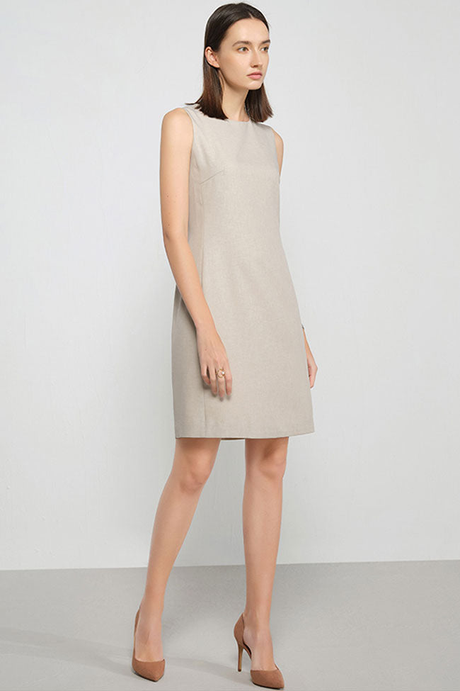 Chic Round Neck Solid Color Fitted Sleeveless Mini Dress Khaki