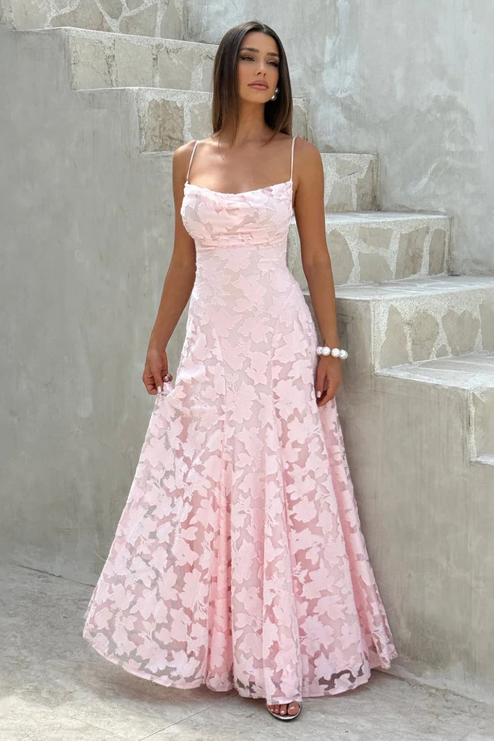 Jacquard Cami Backless Maxi Lace Dress