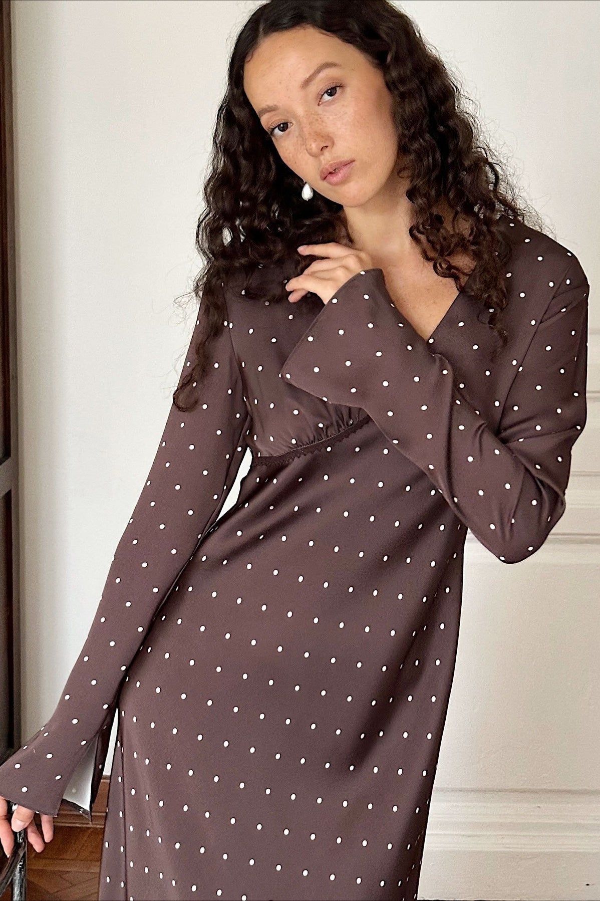 Satin Polka Dot V Neck A Line Midi Dress