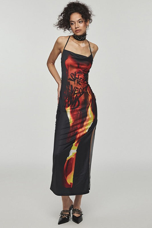 Flame Print Cami Backless Midi Dress
