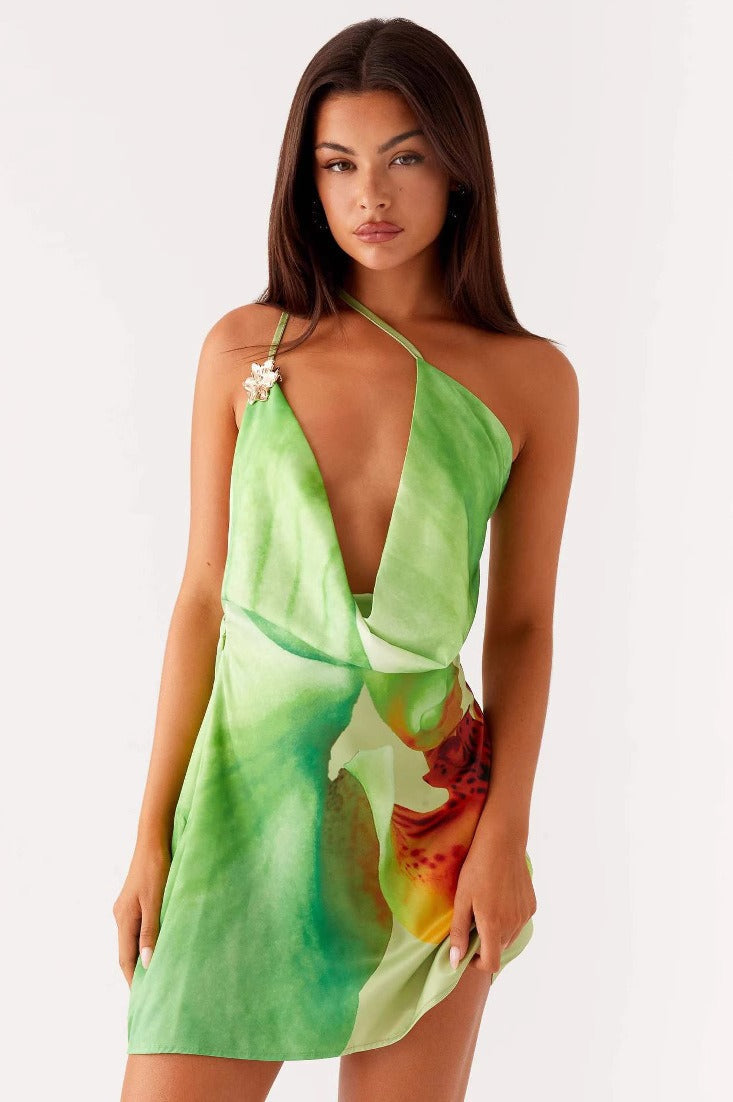 Satin Floral OneShoulder Silk Dress