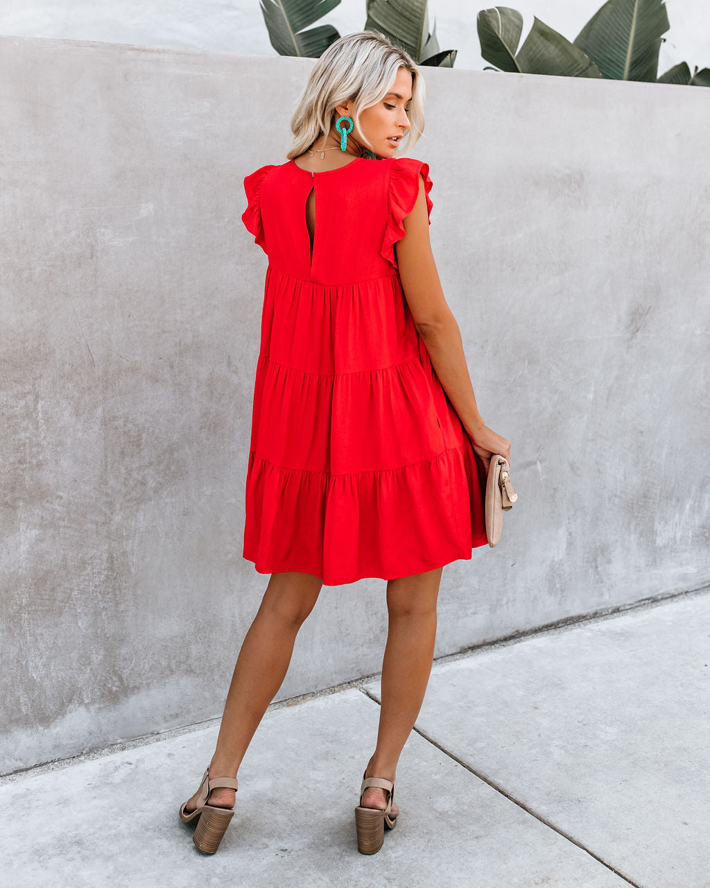 East Coast Pocketed Tiered Babydoll Dress Red
