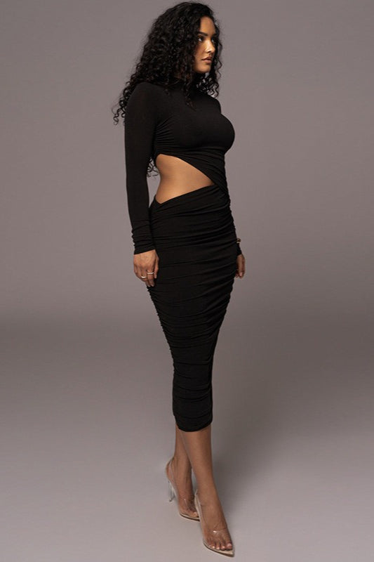 Long Sleeve Cutout Ruched Midi Dress