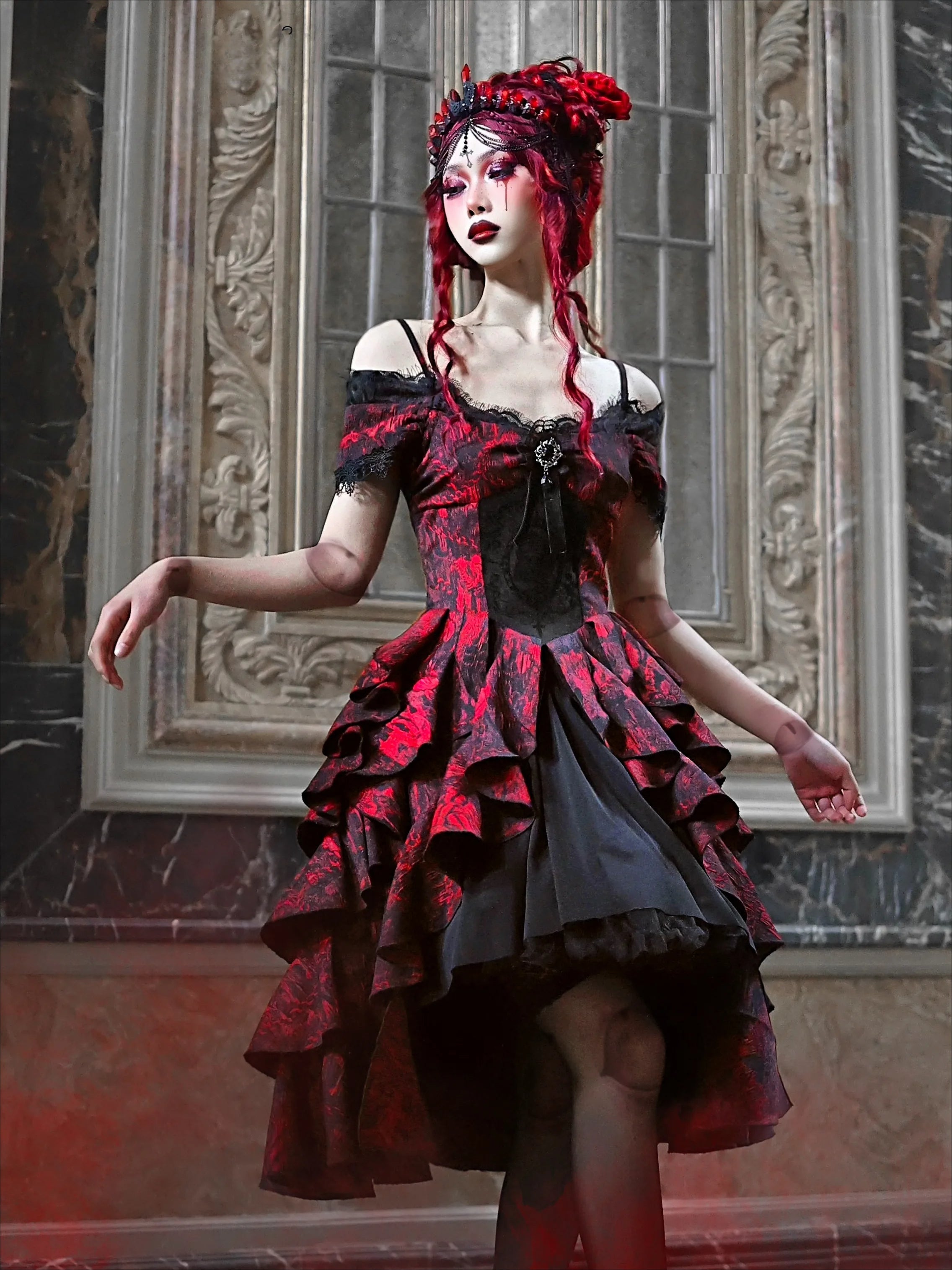 Japanese Gothic Style Red Black Halloween OffShoulder Court Wave Autumn Dark HighWaist Lolita Party Dress