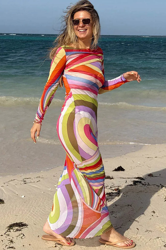 Striped Print Mesh See Through Patchwork Maxi Dress
