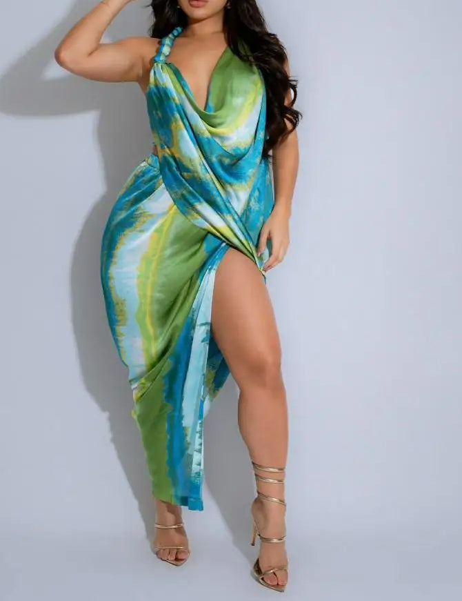 Tie Dye Halter Deep VNeck Backless Midi Dress