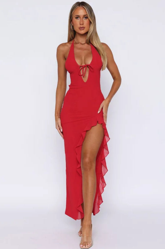Ruffle V Neck Patchwork Midi Dress