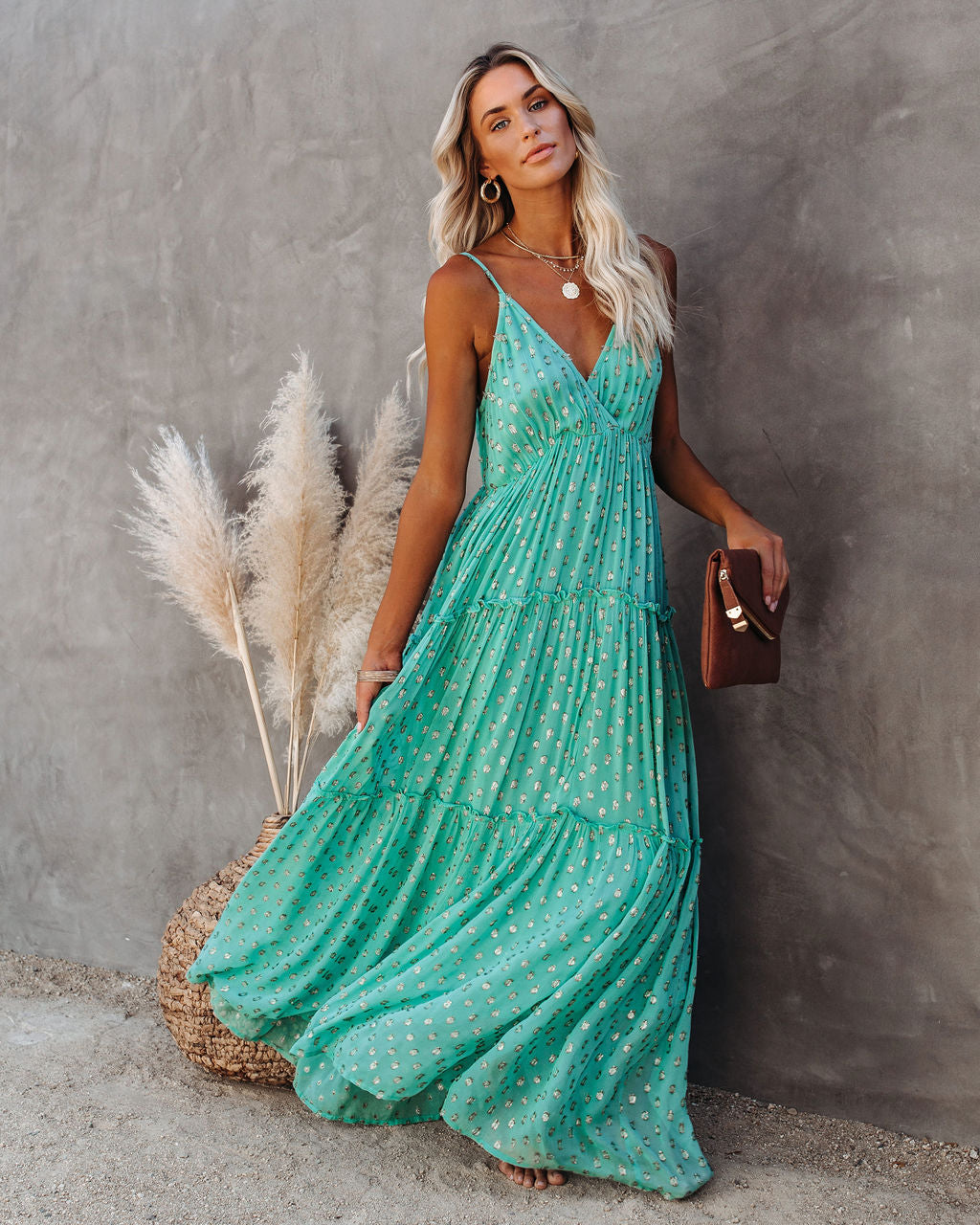 Fathoms Below Adjustable Metallic Tiered Maxi Dress Seafoam