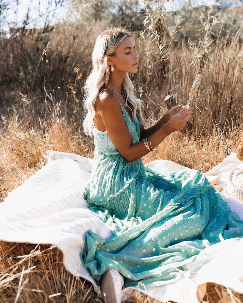 Fathoms Below Adjustable Metallic Tiered Maxi Dress Seafoam