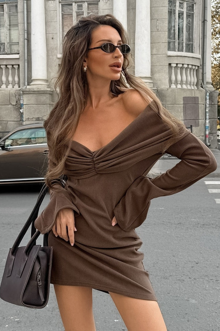 Brown Knit V Neck Mini Dress