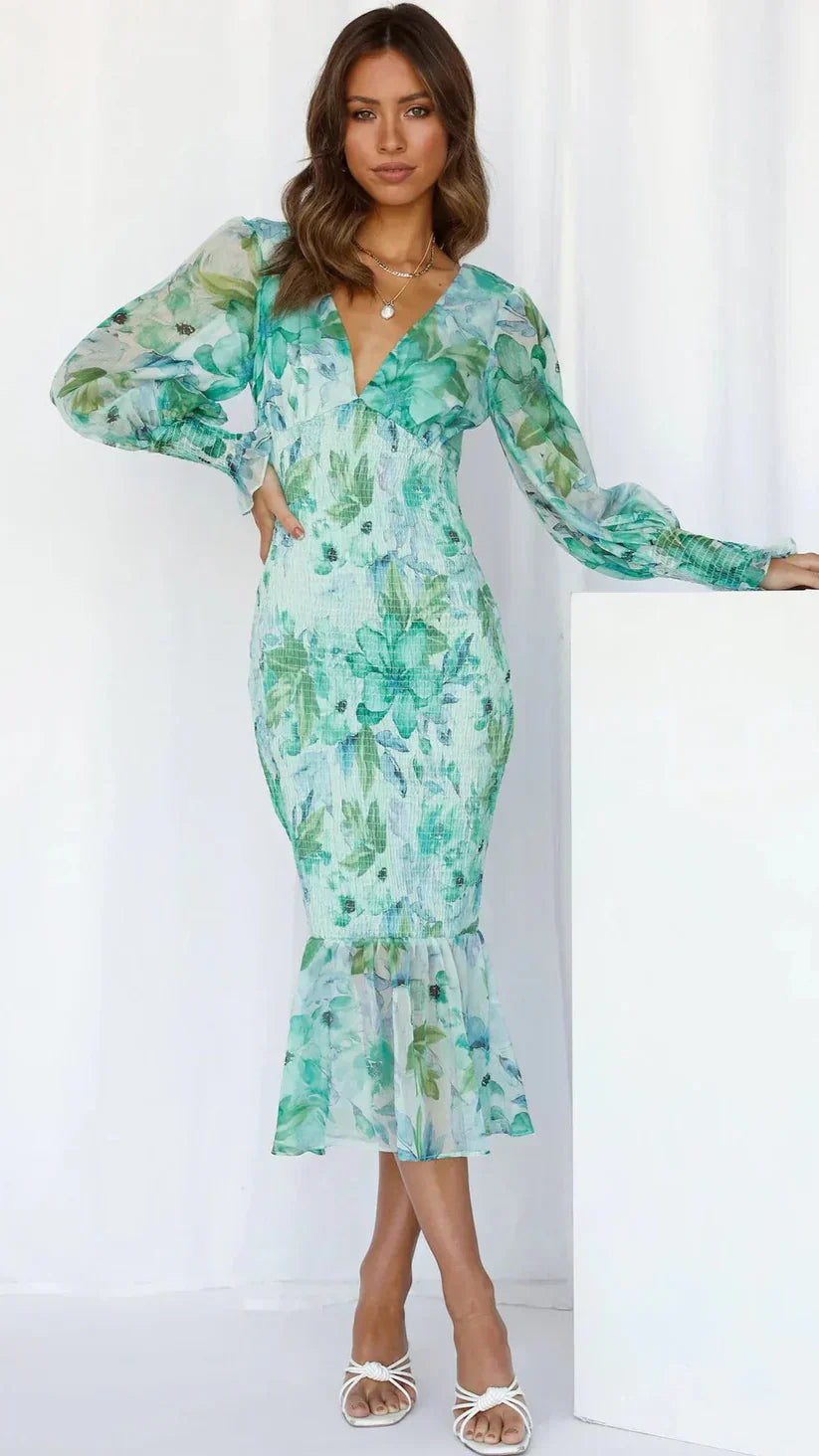 Nevara | Midi Dress With Flower Print