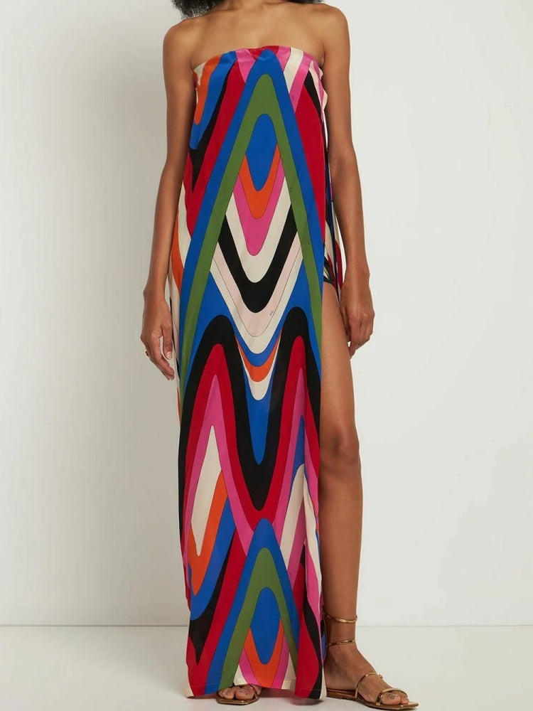 Strapless Side Slit Moir�� Print Maxi Dress