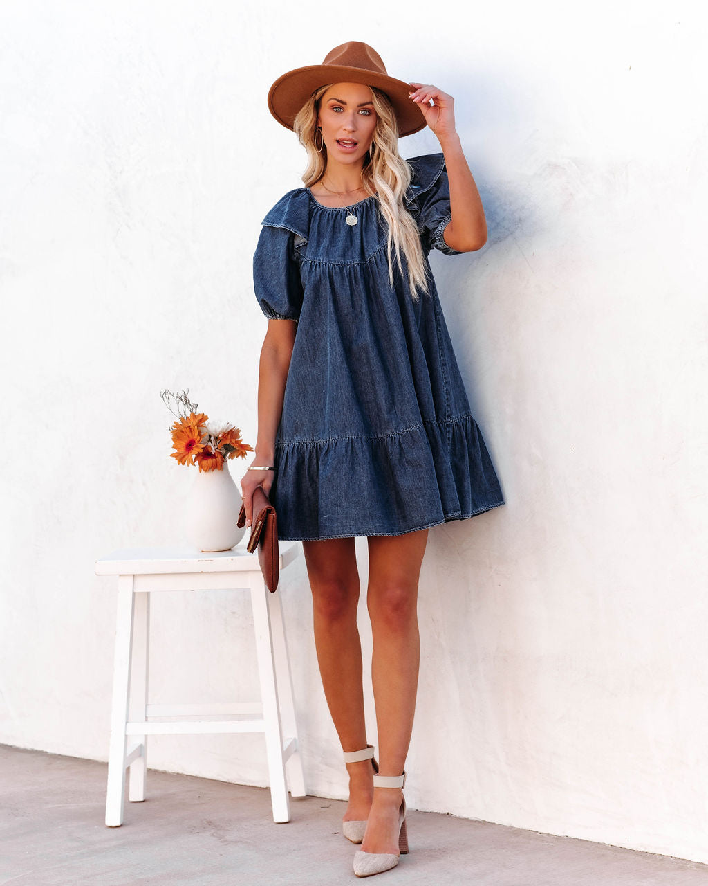 Luis Cotton Puff Sleeve Babydoll Dress Dark Wash
