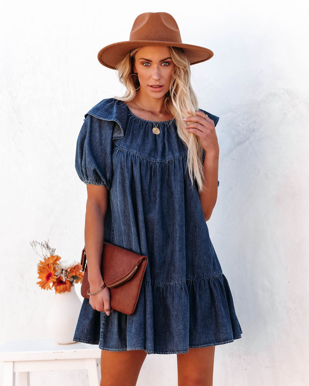 Luis Cotton Puff Sleeve Babydoll Dress Dark Wash