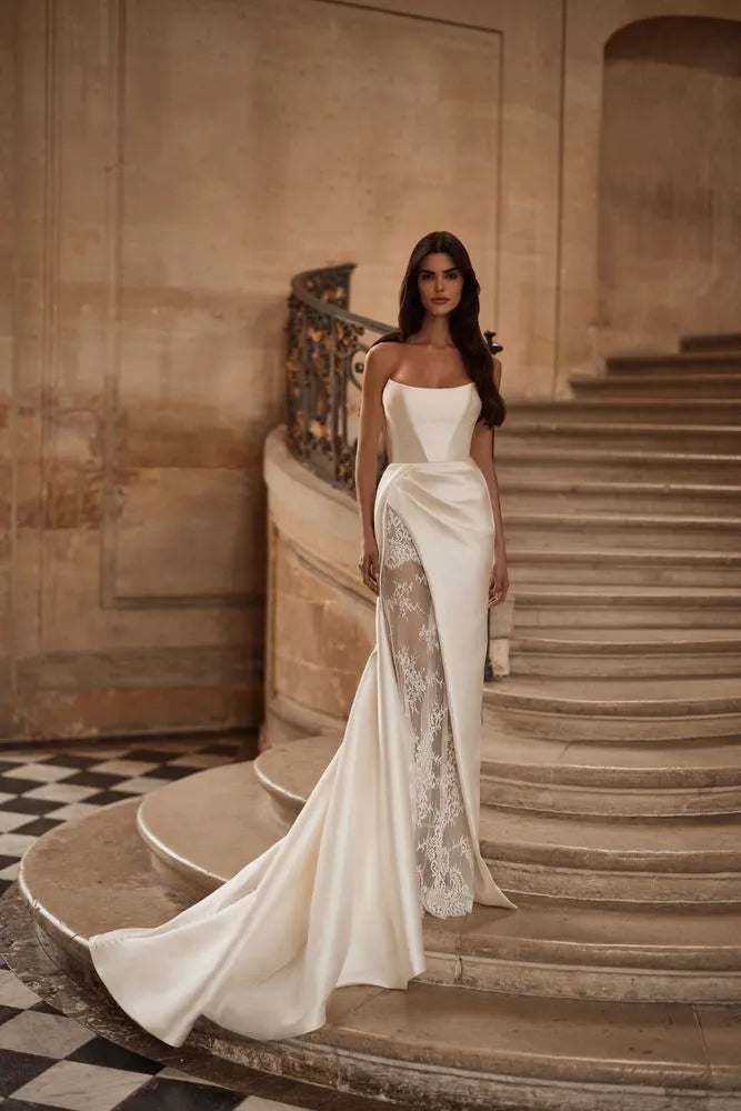 Chic Mikado Gown with a Sheer Chantilly Lace Underskirt Modern Satin Bridal Gown Princess Court Train Bow Wedding Dress Vestido De Novia Mermaid