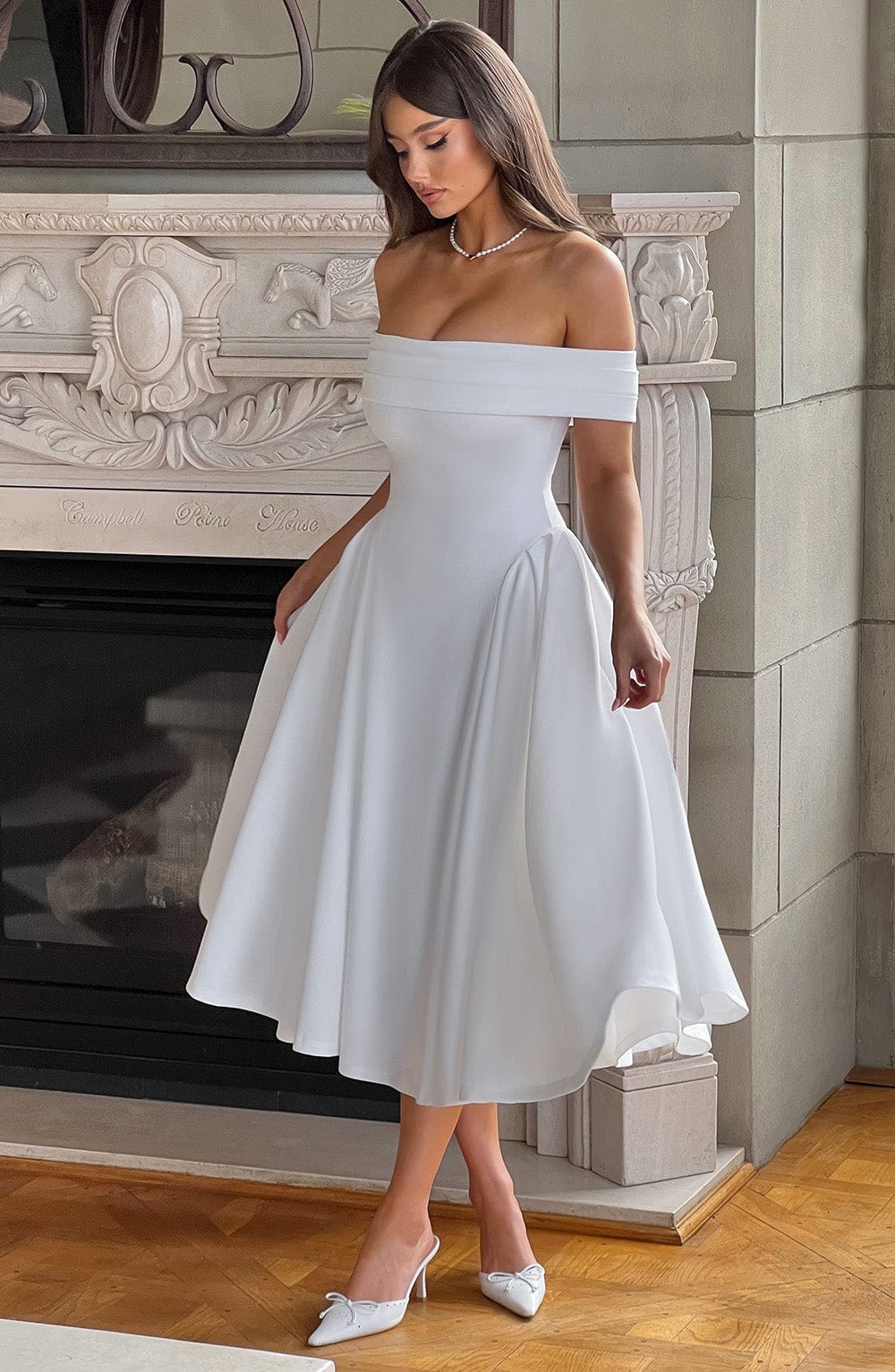 Mila Off Shoulder Pleated Midi Dress