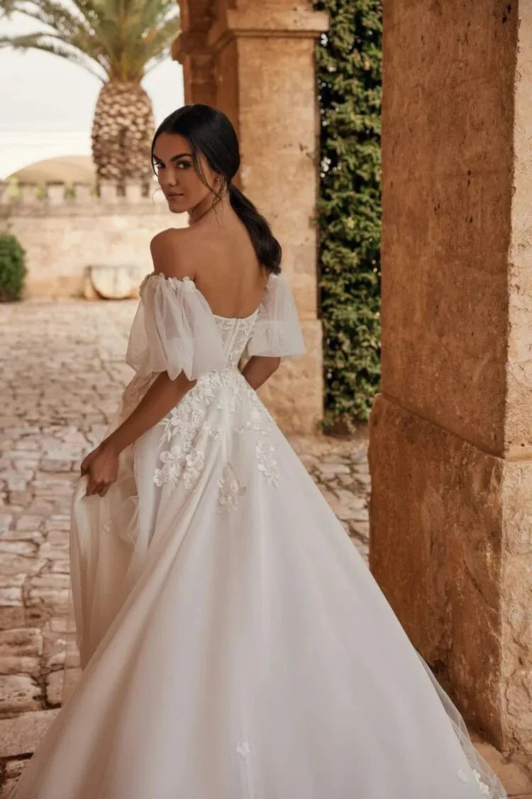 Modern Sweetheart Wedding Gown For Bride Lantern Sleeves Lace Appliques A-line Backless Robe De Mariée Customised