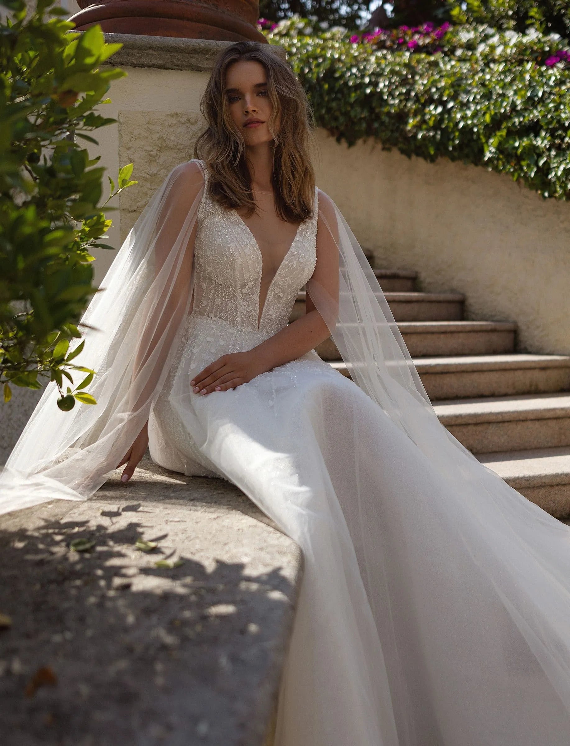 Wedding Dresses for Women Backless Sleeveless Deep V Neck Tulle with Appliques