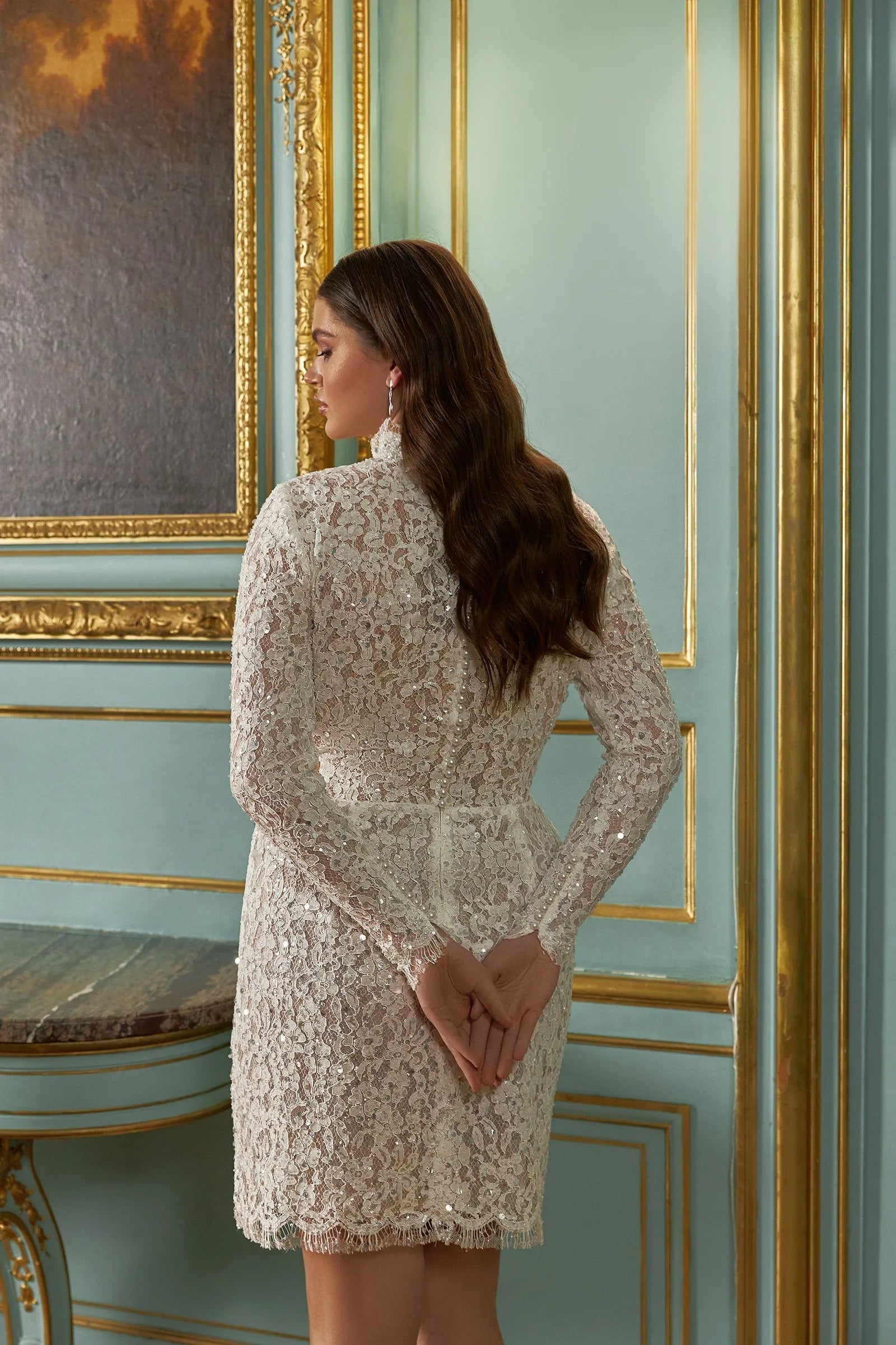 Elegant Lace Long Sleeve Bodycon Party Evening Dress Women Half High Neck