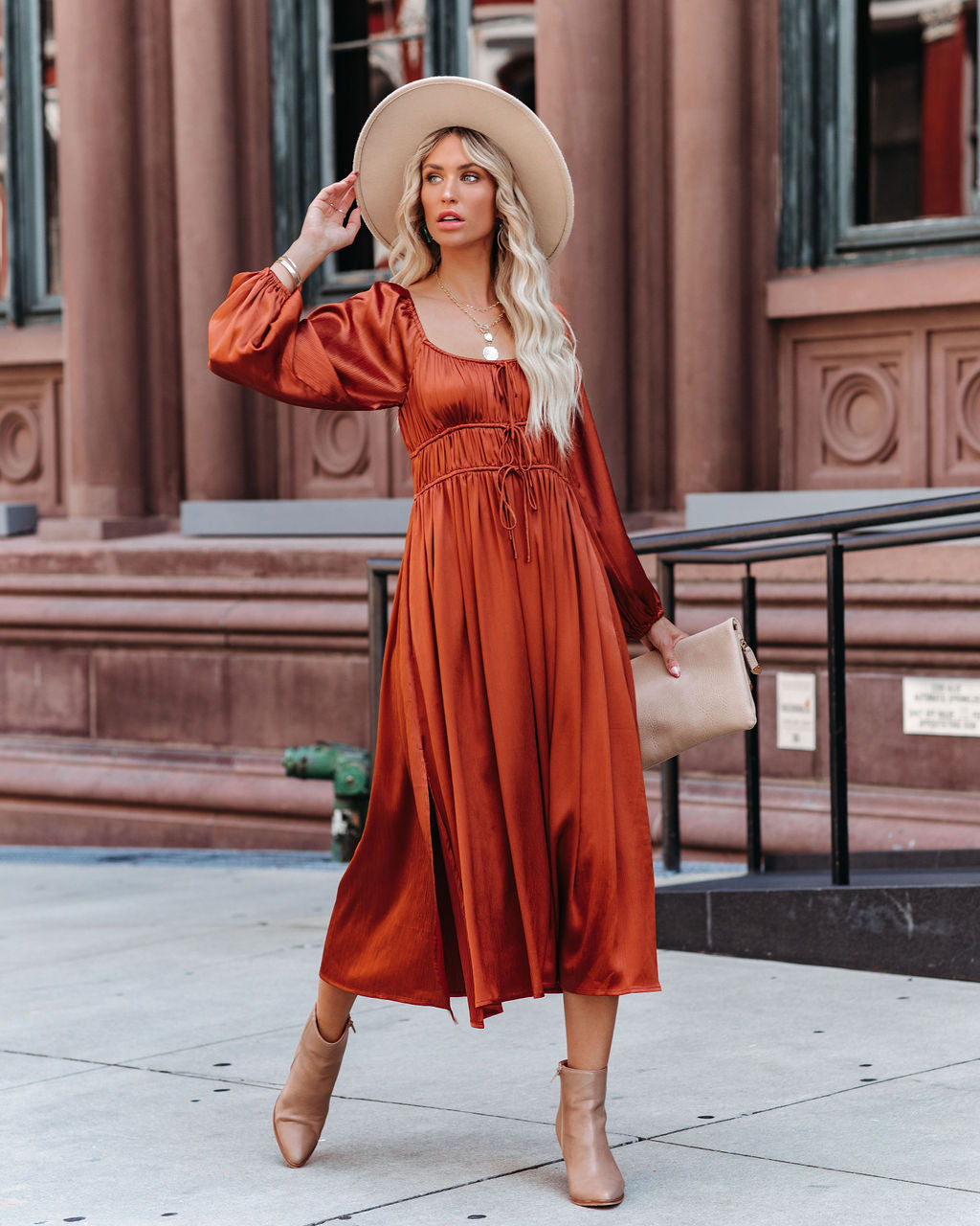 Pines Satin Pocketed Drawstring Midi Dress FINAL