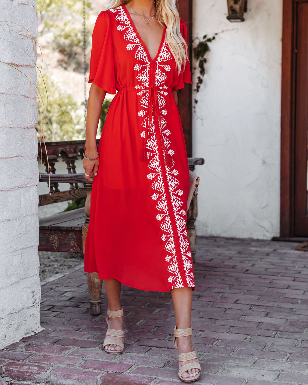 Presidio Embroidered Tassel Midi Dress Tomato Red