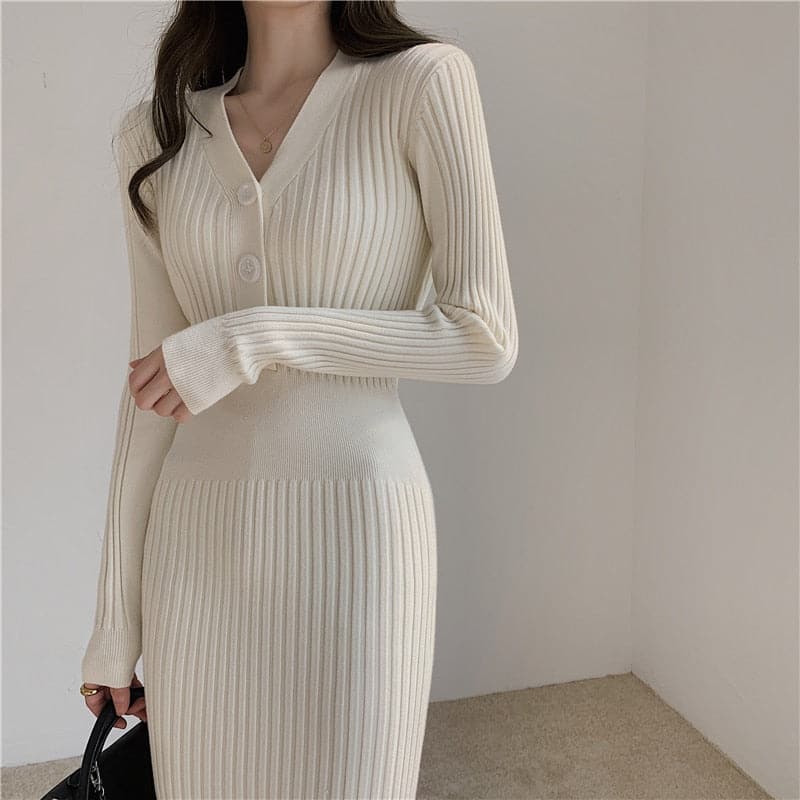 Women Slim Vintage Knitted Long Sleeve Sweater Dresses