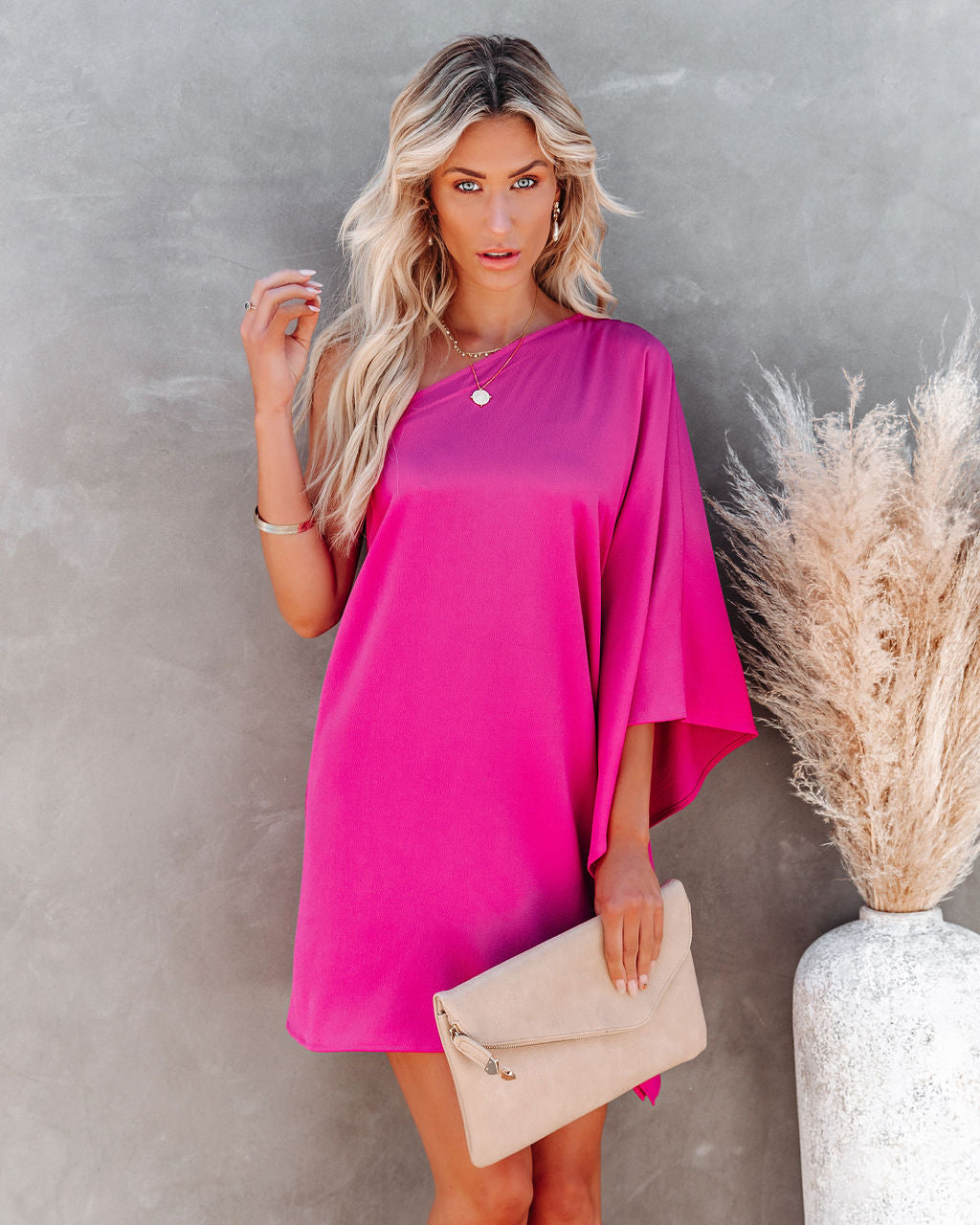 Side To Side One Shoulder Statement Dress Fuchsia