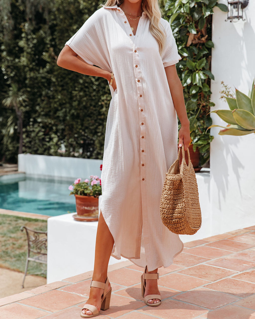 Summertime Cotton Button Down Maxi Dress Cream