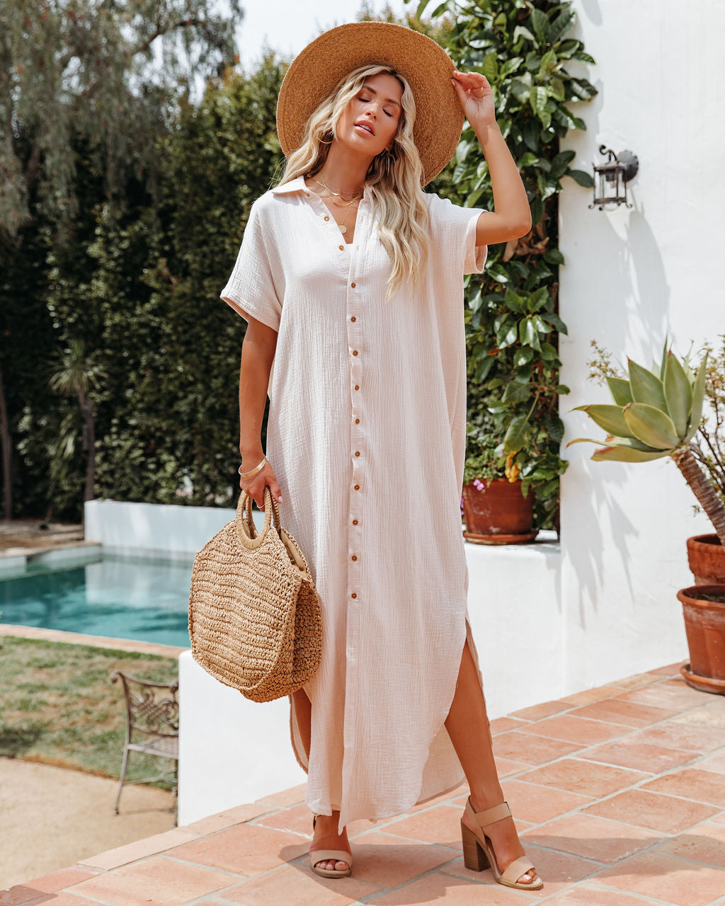 Summertime Cotton Button Down Maxi Dress Cream